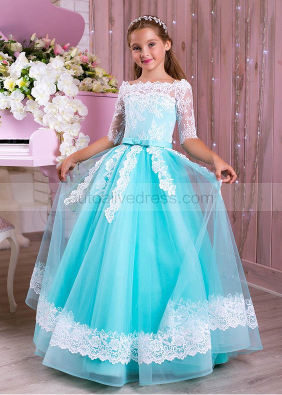 Elbow Sleeves White Lace Turquoise Tulle Unique Flower Girl Dress